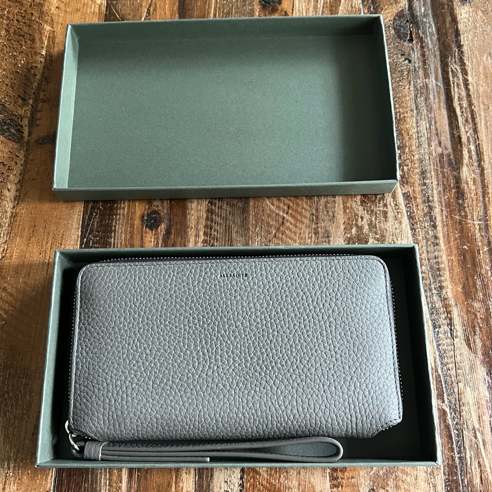 All Saints Gray Pebbled Leather Fetch Wristlet Wallet